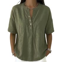 Camisa feminina casual de linho e algodão com gola Henley verde militar