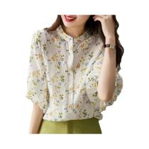Camisa Feminina Casual De Verão Com Estampa Floral, Manga Bufante Solta E Gola Alta Camisa Feminina Casual De Verão Com Estampa Floral, Manga Bufante Solta E Gola Alta