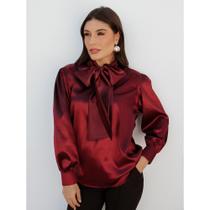 Camisa Feminina Cetim com Laço Grande Decote Manga Longa