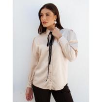 Camisa Feminina Cetim com Laço Veludo Manga Longa