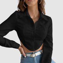Camisa Feminina Cropped Manga Longa Elegante Casual Moderna Estilosa Tendência