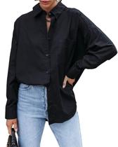 Camisa feminina de botões Bonitee Fall Casual Black Tamanho S