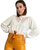 Camisa Feminina de Gola Tule Poá