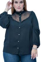 Camisa Feminina de Gola Tule Poá
