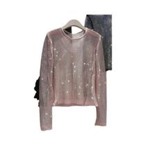 Camisa Feminina De Manga Longa Com Decote Redondo E Strass Brilhante, Blusa De Verão Com Detalhes Em Camisa Feminina De Manga Longa Com Decote Redondo E Strass Brilhante, Blusa De Verão Com Detalhes Em