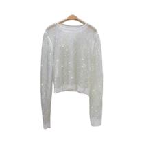 Camisa Feminina De Manga Longa Com Decote Redondo E Strass Brilhante, Blusa De Verão Com Detalhes Em