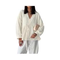 Camisa Feminina De Manga Longa Com Laço E Detalhe Envolvente, Estilo Outono, Moda Para O Dia a Dia
