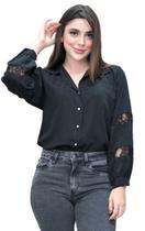 Camisa Feminina de Poá Manga Longa de Renda