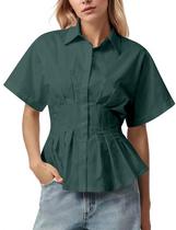 Camisa feminina Dewpaur listrada com botões plissada e manga curta
