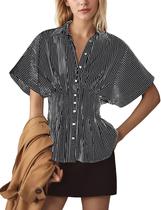 Camisa feminina Dewpaur listrada com botões plissada e manga curta