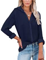 Camisa feminina Diosun com botões e decote em V, manga comprida, azul escuro Camisa feminina Diosun com botões e decote em V, manga comprida, azul escuro