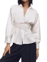 Camisa feminina Dsewpaur listrada com botões plissada de manga curta L