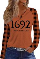 Camisa feminina Earlymemb Halloween com decote em V Fall Salem Witch XXL Camisa feminina Earlymemb Halloween com decote em V Fall Salem Witch XXL