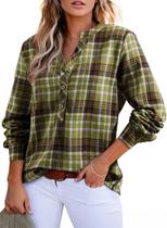 Camisa feminina elegante com decote em V, flanela, roupas elegantes de outono Camisa feminina elegante com decote em V, flanela, roupas elegantes de outono