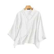 Camisa Feminina Elegante Com Manga 3/4, Gola Com Lapela, Blusa Solta Casual Com Botões, Túnica