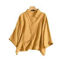 Camisa Feminina Elegante Com Manga 3/4, Gola Com Lapela, Blusa Solta Casual Com Botões, Túnica