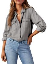 Camisa feminina elegante de ganga com botões, cinza claro, GG