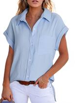 Camisa feminina elegante de linho de verão com botões e decote em V azul Camisa feminina elegante de linho de verão com botões e decote em V azul
