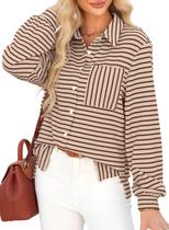 Camisa feminina elegante listrada com botões e castanha leve