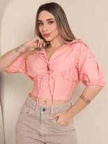 Camisa Feminina Elegante Manga Curta Bufante Nó Tecido Viscose Bainha com babado Amarrar Camisa Feminina Elegante Manga Curta Bufante Nó Tecido Viscose Bainha com babado Amarrar