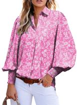 Camisa feminina elegante, manga lanterna, decote em V, estampa Paisley