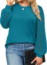 Camisa feminina Eytino plus size de renda de manga comprida azul prussiano Camisa feminina Eytino plus size de renda de manga comprida azul prussiano