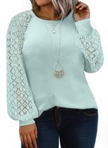 Camisa feminina Eytino, tamanho grande, gola redonda, renda, manga comprida, azul