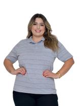 Camisa Feminina Gola Polo Listrada Cinza Plus Size
