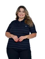 Camisa Feminina Gola Polo Listrada Preta Plus Size