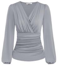 Camisa feminina GRACE KARIN de manga comprida com decote em V cinza claro Camisa feminina GRACE KARIN de manga comprida com decote em V cinza claro