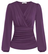 Camisa feminina GRACE KARIN franzida, manga comprida, decote em V, roxa, XXL Camisa feminina GRACE KARIN franzida, manga comprida, decote em V, roxa, XXL