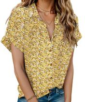 Camisa feminina HOTOUCH com estampa floral havaiana com decote em V e manga curta Camisa feminina HOTOUCH com estampa floral havaiana com decote em V e manga curta