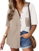 Camisa feminina HOTOUCH de linho branca/cáqui de manga curta folgada Camisa feminina HOTOUCH de linho branca/cáqui de manga curta folgada