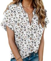 Camisa feminina HOTOUCH, linho, estampa floral, decote em V, manga curta
