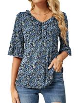 Camisa feminina Ivicoer 3/4 com mangas em forma de sino com babados e decote em V preta L