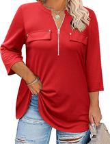 Camisa feminina Kancystore, manga 3/4, decote em V, vermelha 4X