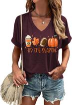Camisa feminina KYVPO Tis The Season com decote em V e abóbora de Halloween Camisa feminina KYVPO Tis The Season com decote em V e abóbora de Halloween