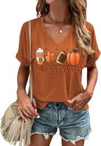 Camisa feminina KYVPO Tis The Season com decote em V marrom de Halloween Camisa feminina KYVPO Tis The Season com decote em V marrom de Halloween