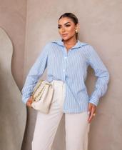 Camisa Feminina Listrada Blogueira Moda Listra Longa Ampla Camisa Feminina Listrada Blogueira Moda Listra Longa Ampla