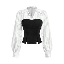 Camisa Feminina Listrada Com Lapela Elegante Para Escritório E Uso Casual De Negócios - Blusa Da Camisa Feminina Listrada Com Lapela Elegante Para Escritório E Uso Casual De Negócios - Blusa Da