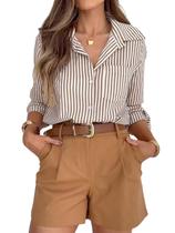 Camisa feminina listrada de manga longa com botões Siliteelon