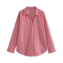 Camisa Feminina Listrada Grande Com Decote Em V Manga Comprida Blusa Casual De Escritório Verão