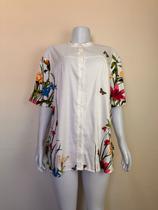 Camisa Feminina Manga Curta Com Botões Estampa Floral Borboleta Blusa Solta Estilo Chemise Casual Dia A Dia Leve