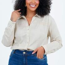 Camisa Feminina Manga Longa, Bege, Plus Size, Tam.48
