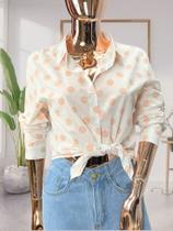 Camisa Feminina Manga Longa Off White Poá Salmão Versatilidade Conforto - Guett Modas