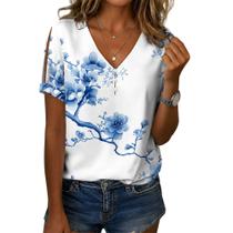 Camisa feminina Medlor, manga curta, floral, solta, decote em V, 2025, verão Camisa feminina Medlor, manga curta, floral, solta, decote em V, 2025, verão