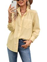 Camisa feminina Megfie de enrolar com botões, gola com babados, amarela Camisa feminina Megfie de enrolar com botões, gola com babados, amarela