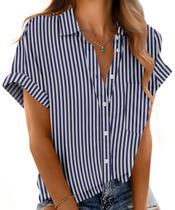 Camisa feminina Mintreus com botões e manga curta, decote em V, azul Camisa feminina Mintreus com botões e manga curta, decote em V, azul