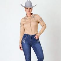 Camisa Feminina Minuty Linho Bordada Tachas Manga Longa Camisa Feminina Minuty Linho Bordada Tachas Manga Longa