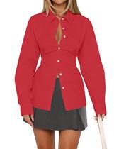 Camisa feminina MISSACTIVER com gola de lapela com botões e algodão vermelho Camisa feminina MISSACTIVER com gola de lapela com botões e algodão vermelho